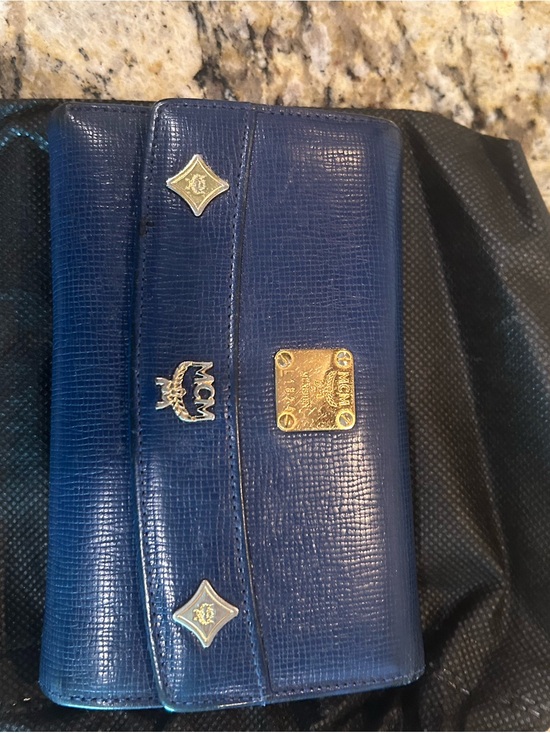 MCM Handbags - MCM Navy Blue Leather Trifold Wallet with Gold Hardware
